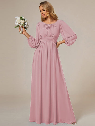 Chiffon Long Sleeve A-Line Round Neckline Formal Dress #color_Dusty Rose