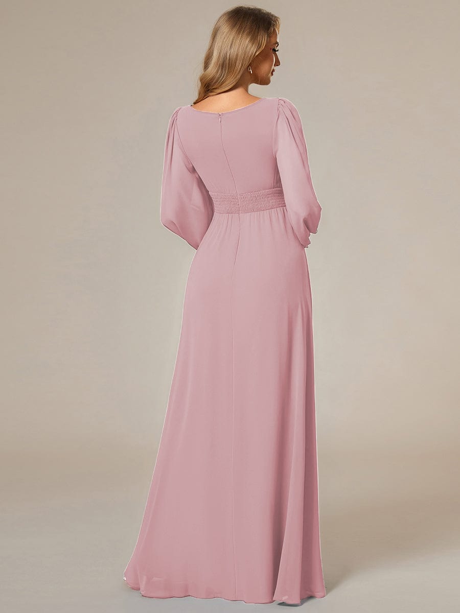 Chiffon Long Sleeve A-Line Round Neckline Formal Dress #color_Dusty Rose