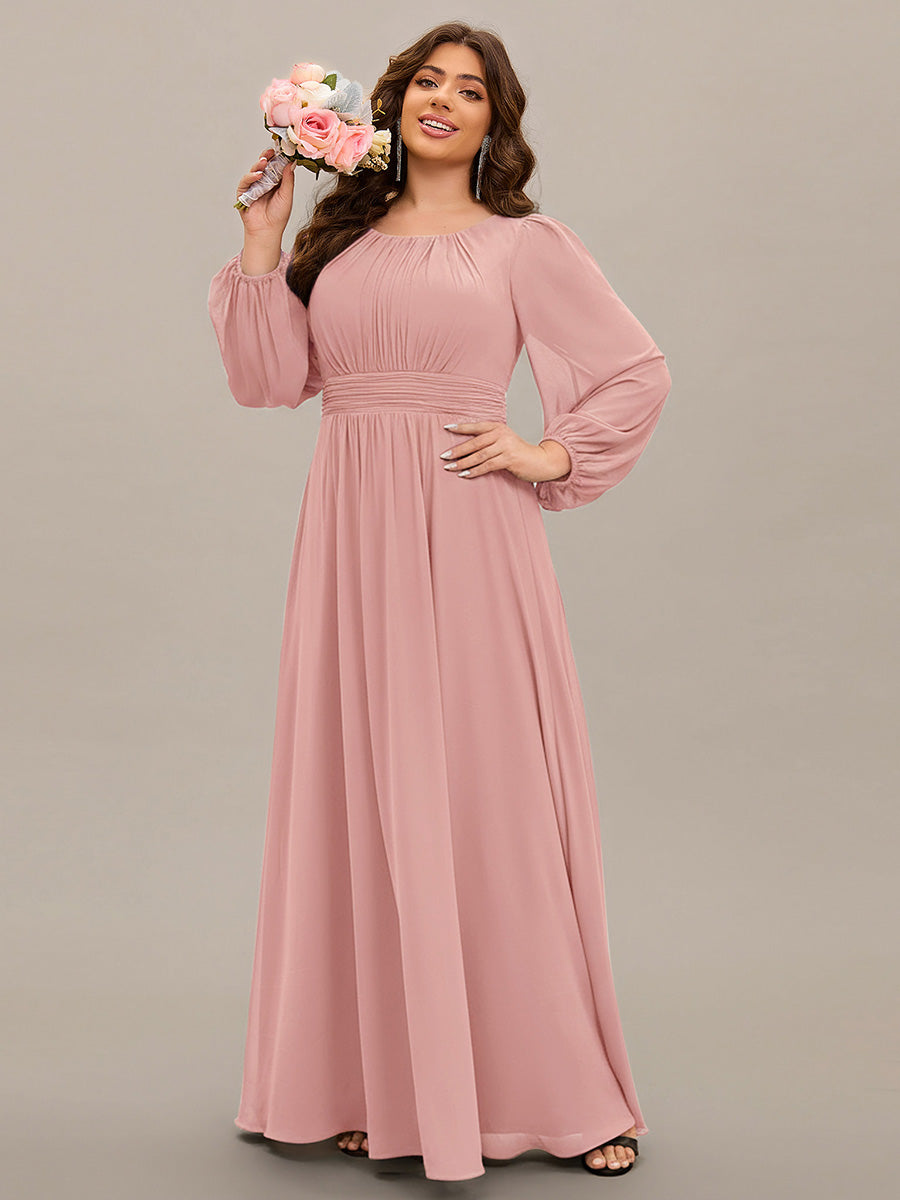 Chiffon Long Sleeve A-Line Round Neckline Formal Dress #color_Dusty Rose