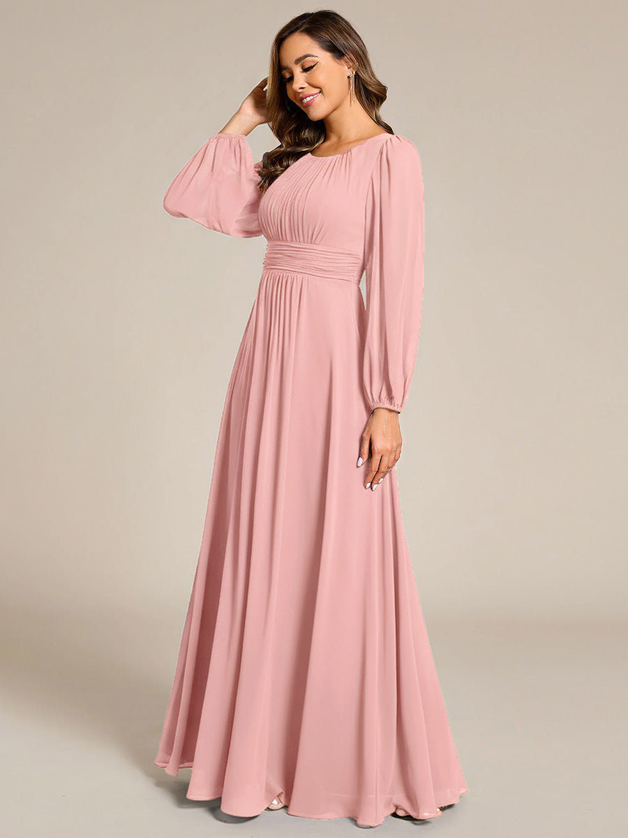 Chiffon Long Sleeve A-Line Round Neckline Formal Dress #color_Dusty Rose