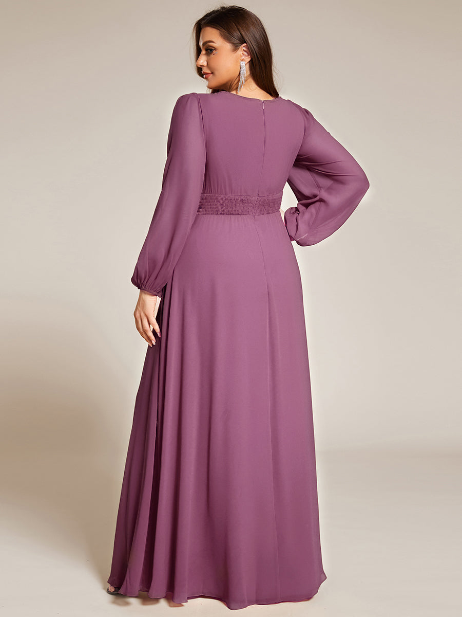 Chiffon Long Sleeve A-Line Round Neckline Formal Dress #color_Damson