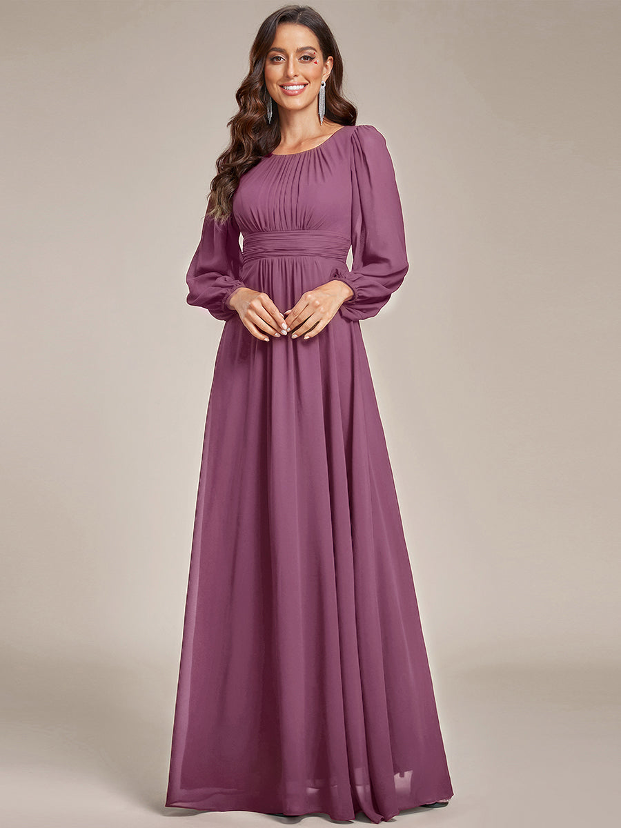 Chiffon Long Sleeve A-Line Round Neckline Formal Dress #color_Damson