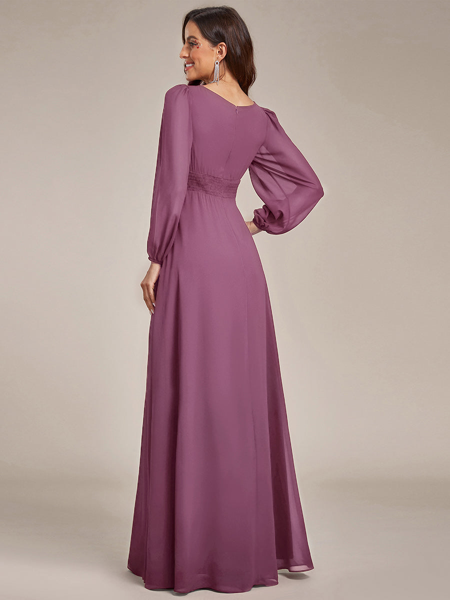 Chiffon Long Sleeve A-Line Round Neckline Formal Dress #color_Damson