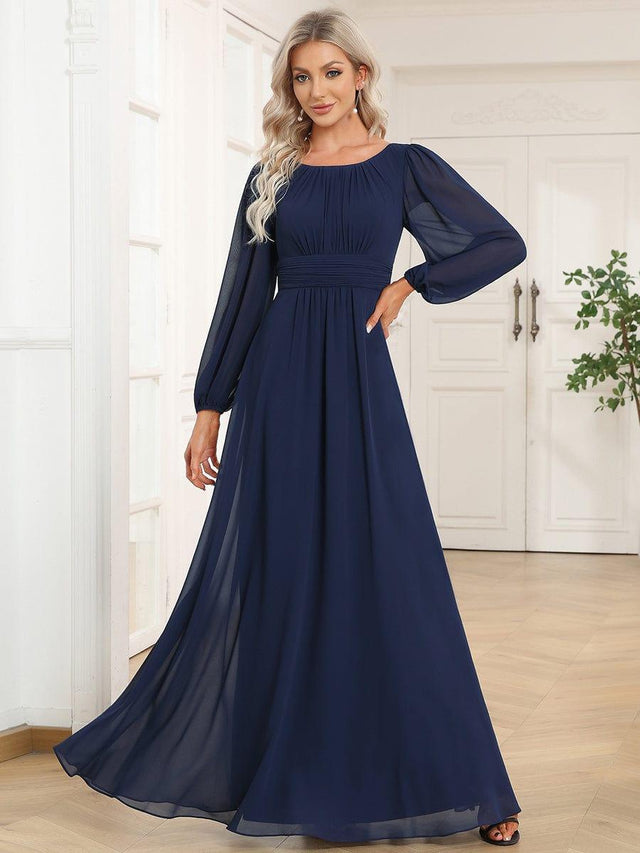 Long Sleeve Round Neckline Empire Waist Chiffon Formal Dress