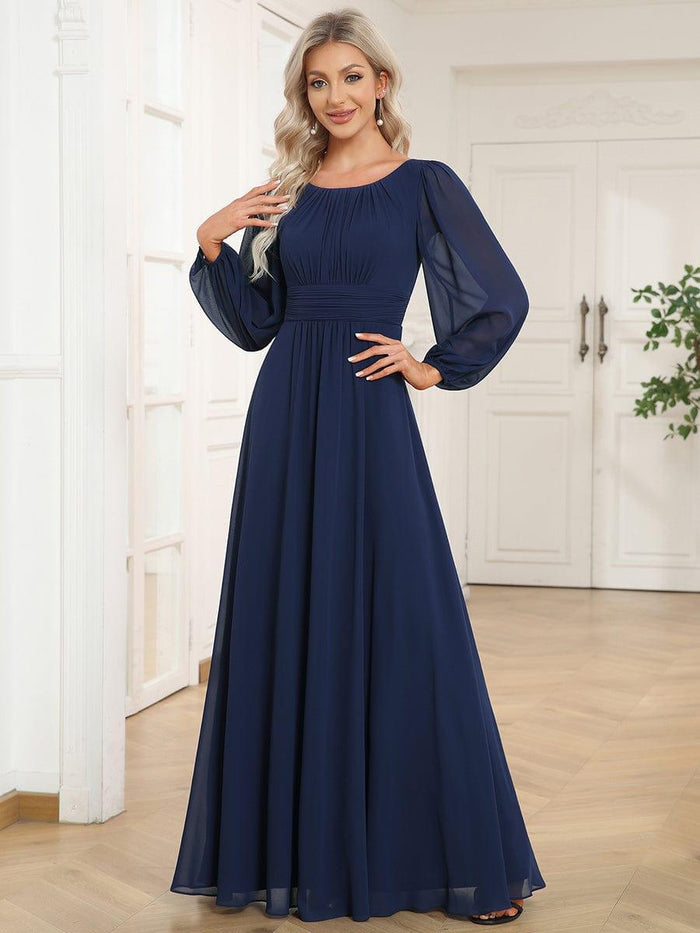 Long Sleeve Round Neckline Empire Waist Chiffon Formal Dress