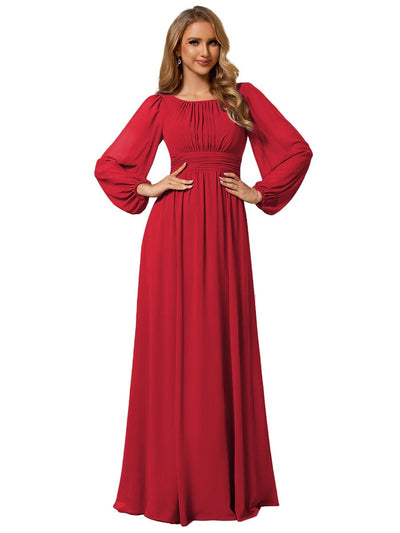 Chiffon Long Sleeve A-Line Round Neckline Formal Dress #color_Red