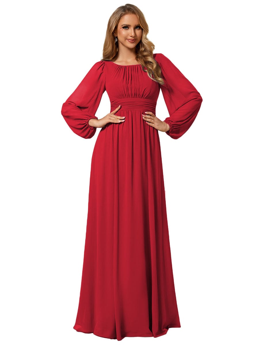 Chiffon Long Sleeve A-Line Round Neckline Formal Dress #color_Red