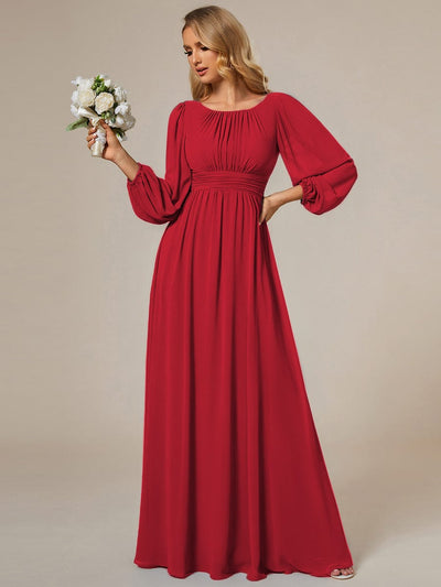 Chiffon Long Sleeve A-Line Round Neckline Formal Dress #color_Red