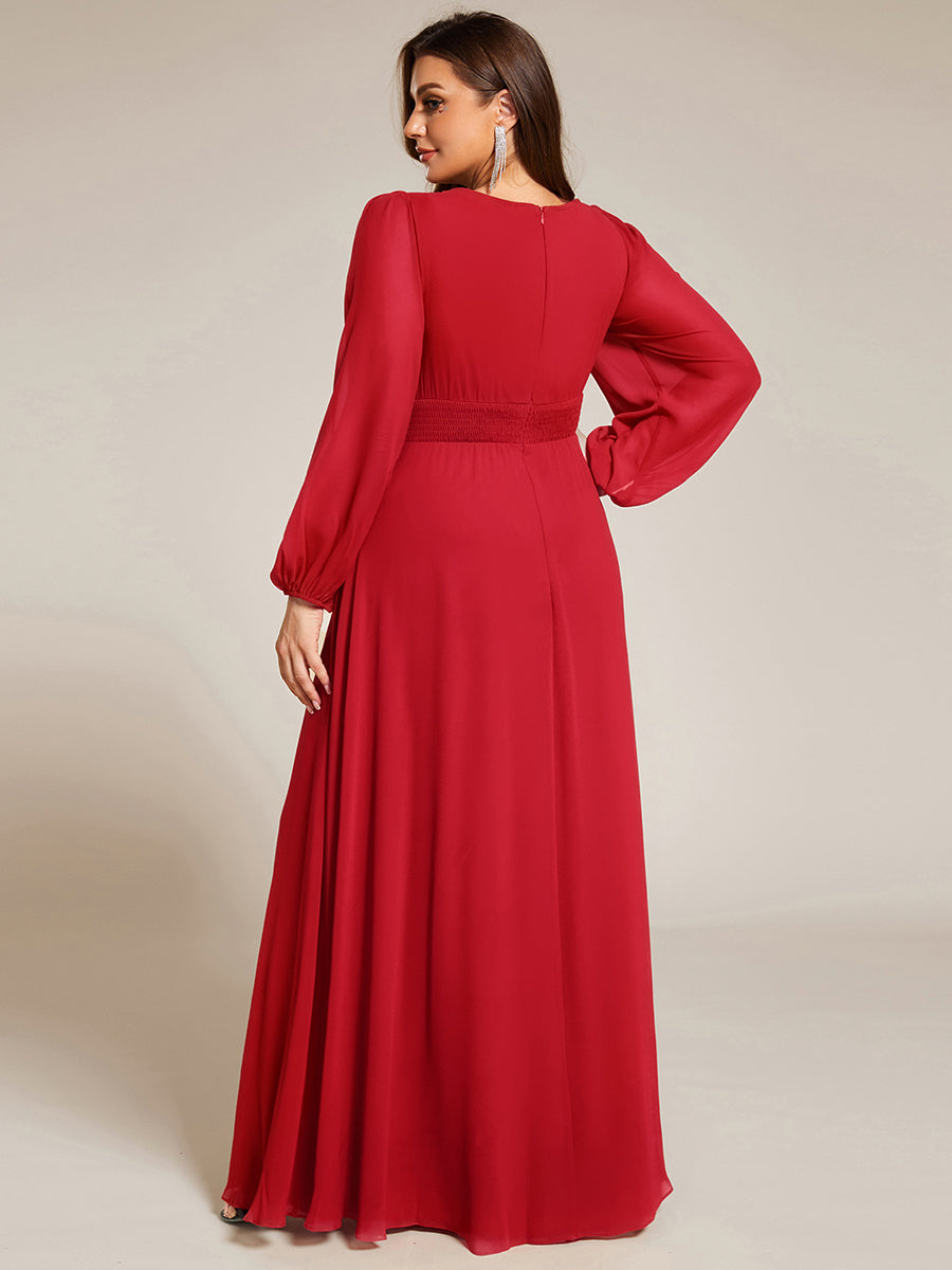 Chiffon Long Sleeve A-Line Round Neckline Formal Dress #color_Red