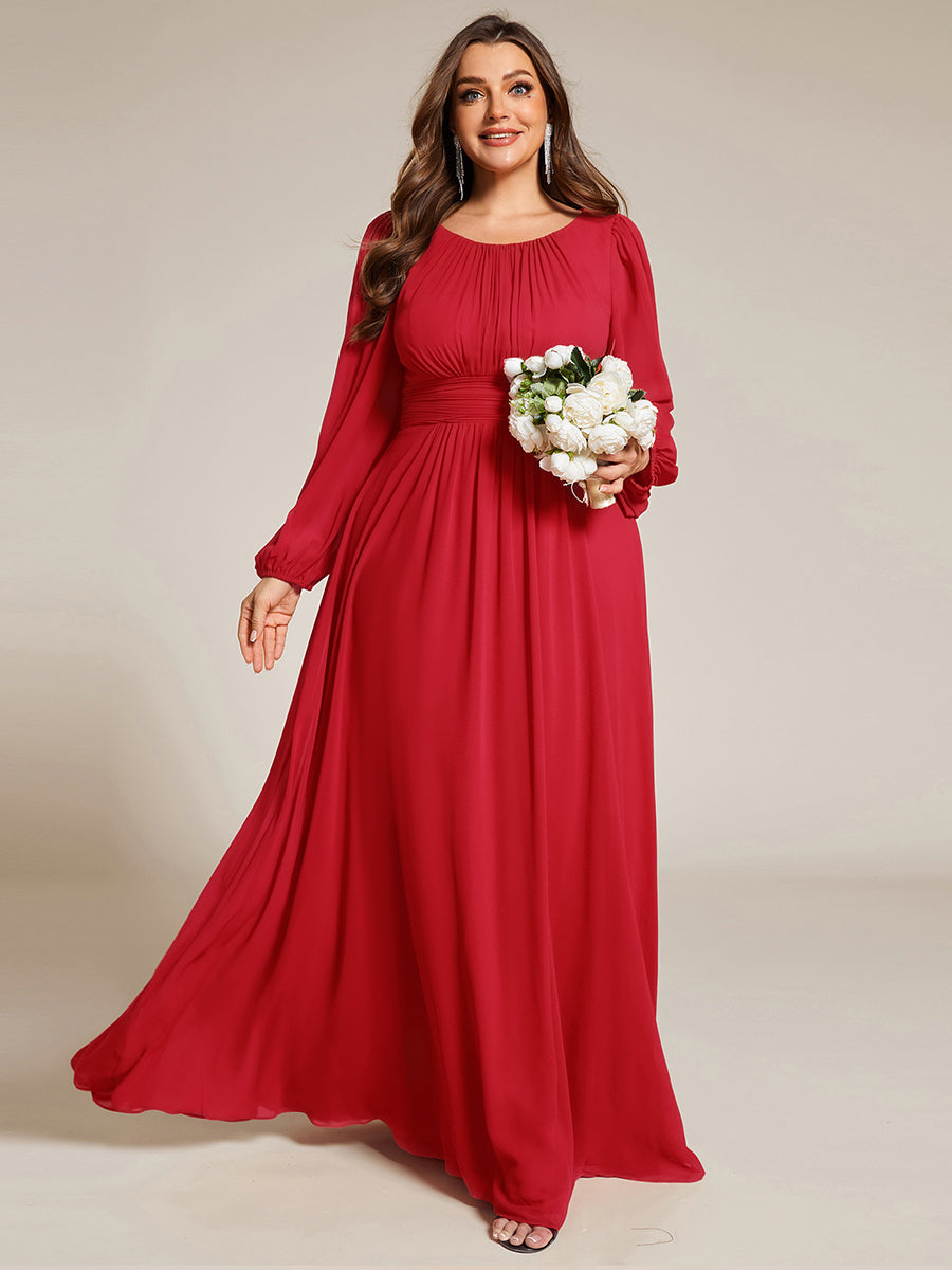 Chiffon Long Sleeve A-Line Round Neckline Formal Dress #color_Red