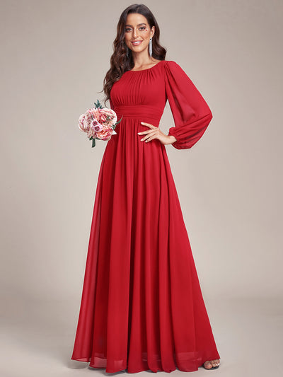 Chiffon Long Sleeve A-Line Round Neckline Formal Dress #color_Red
