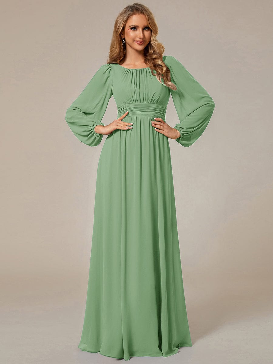 Chiffon Long Sleeve A-Line Round Neckline Formal Dress #color_Sage Green