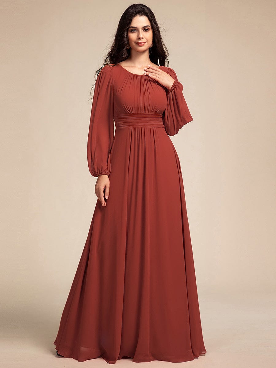 Chiffon Long Sleeve A-Line Round Neckline Formal Dress #color_Vermilion