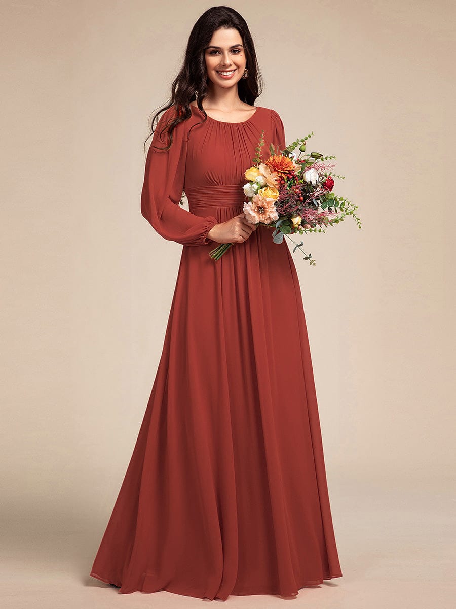 Chiffon Long Sleeve A-Line Round Neckline Formal Dress #color_Vermilion