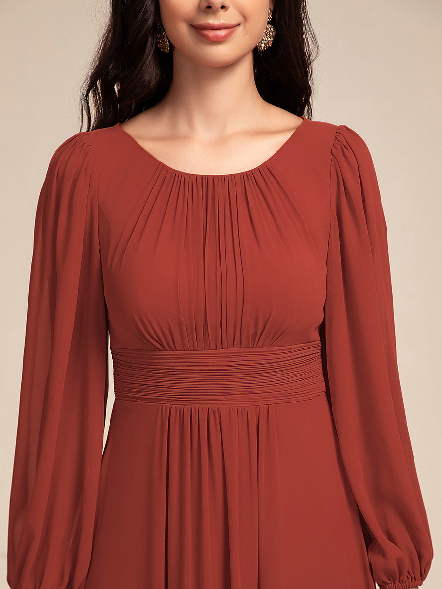 Chiffon High Empire Waist Puff Sleeve Bridesmaid Dress #color_Vermilion