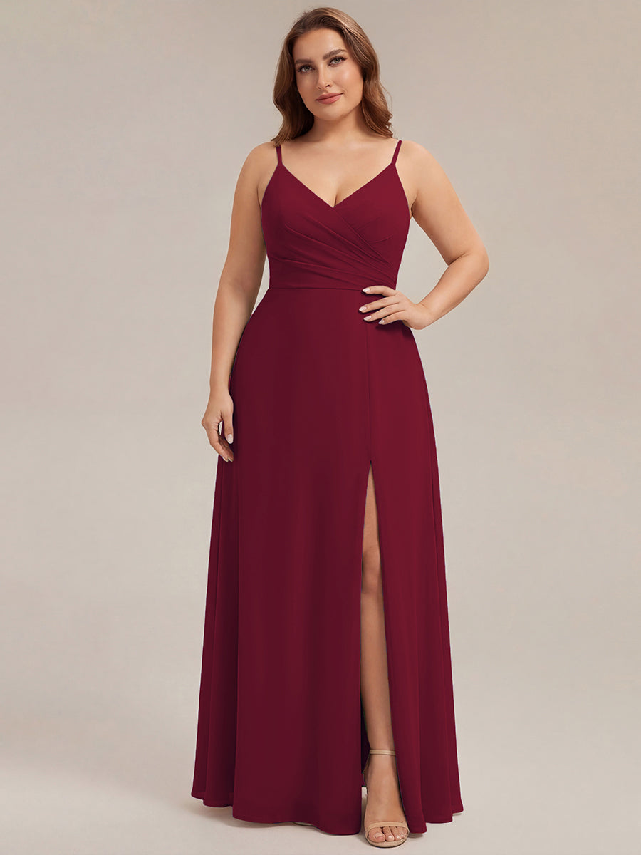 Pleated V-Neck Spaghetti Strap High Slit Bridesmaid Dress #color_Burgundy