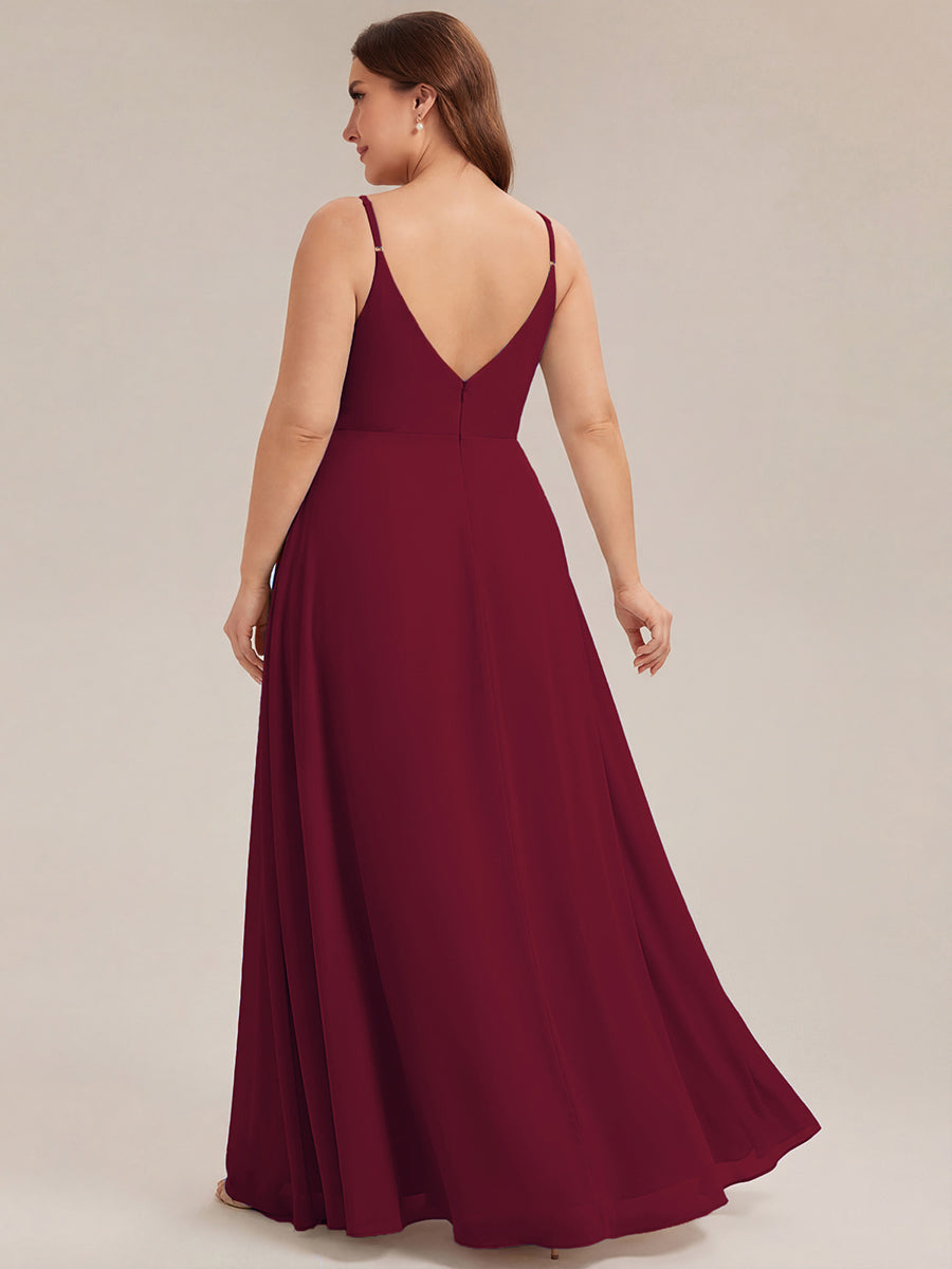 Pleated V-Neck Spaghetti Strap High Slit Bridesmaid Dress #color_Burgundy