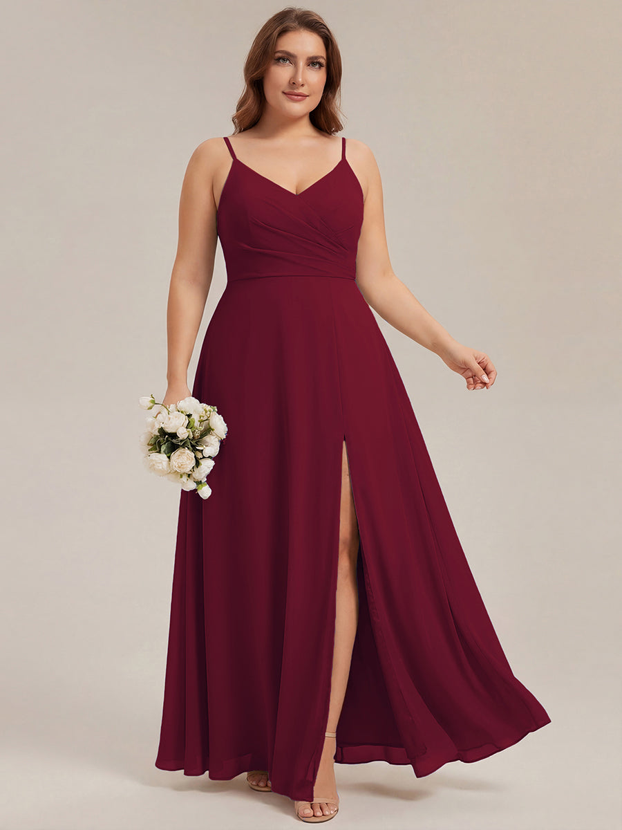 Pleated V-Neck Spaghetti Strap High Slit Bridesmaid Dress #color_Burgundy