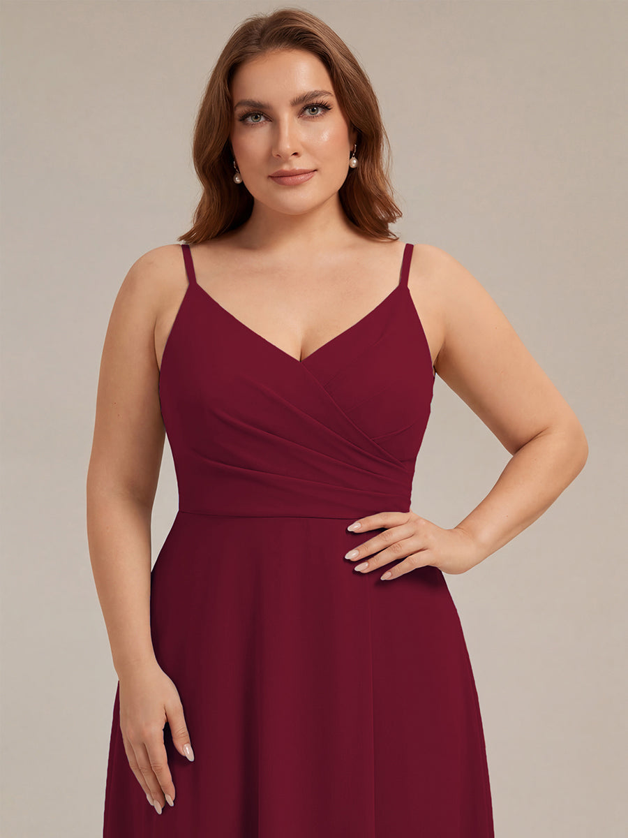 Pleated V-Neck Spaghetti Strap High Slit Bridesmaid Dress #color_Burgundy