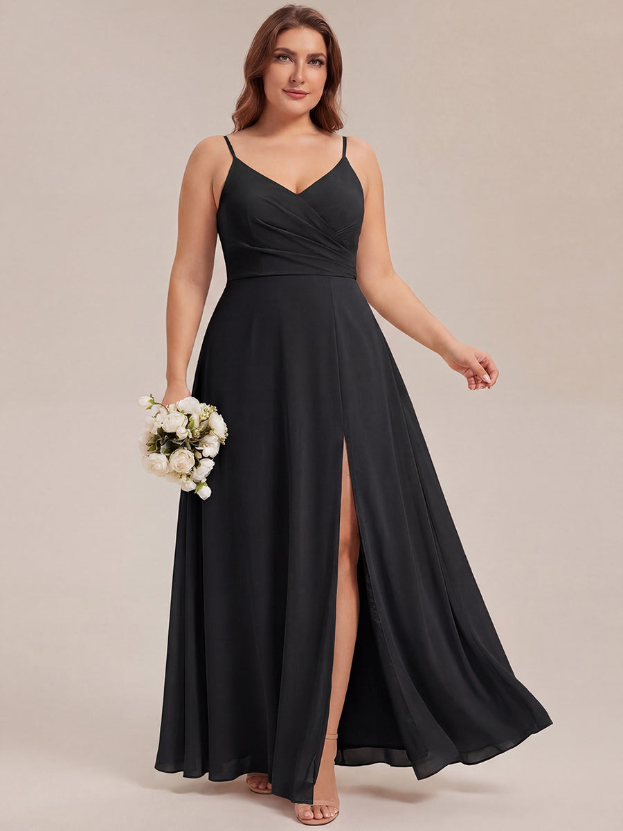 Pleated V-Neck Spaghetti Strap High Slit Bridesmaid Dress #color_Black