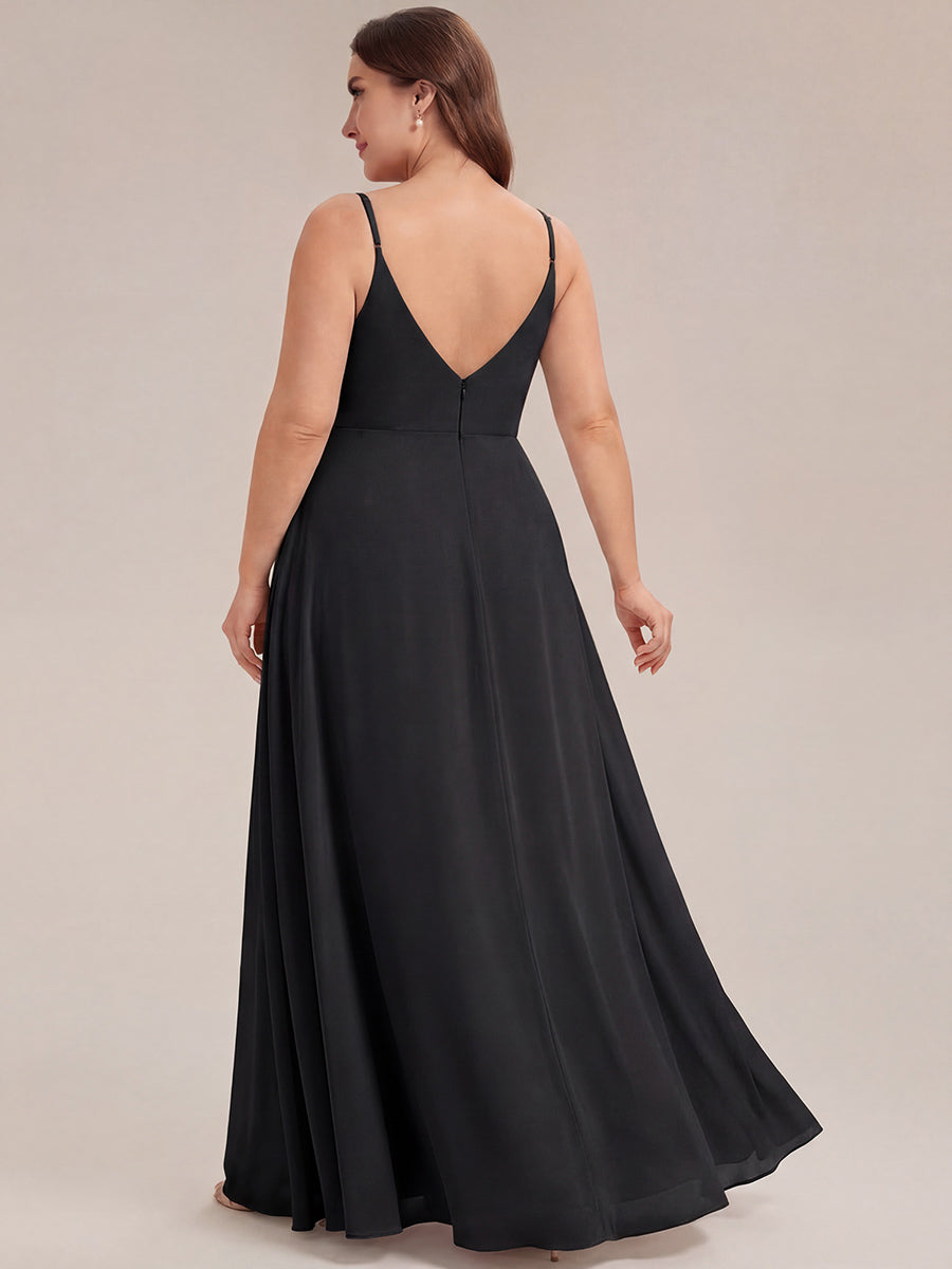 Pleated V-Neck Spaghetti Strap High Slit Bridesmaid Dress #color_Black