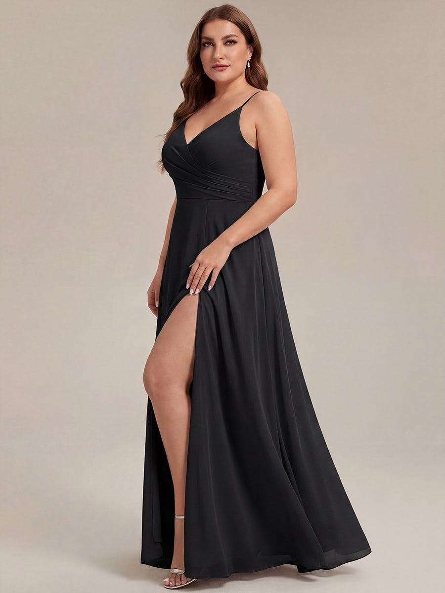 Pleated V-Neck Spaghetti Strap High Slit Bridesmaid Dress #color_Black
