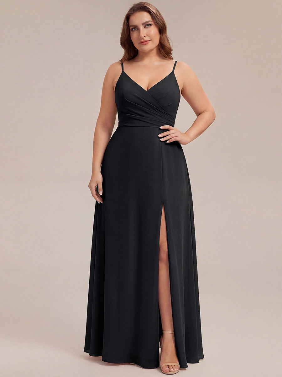 Pleated V-Neck Spaghetti Strap High Slit Bridesmaid Dress #color_Black