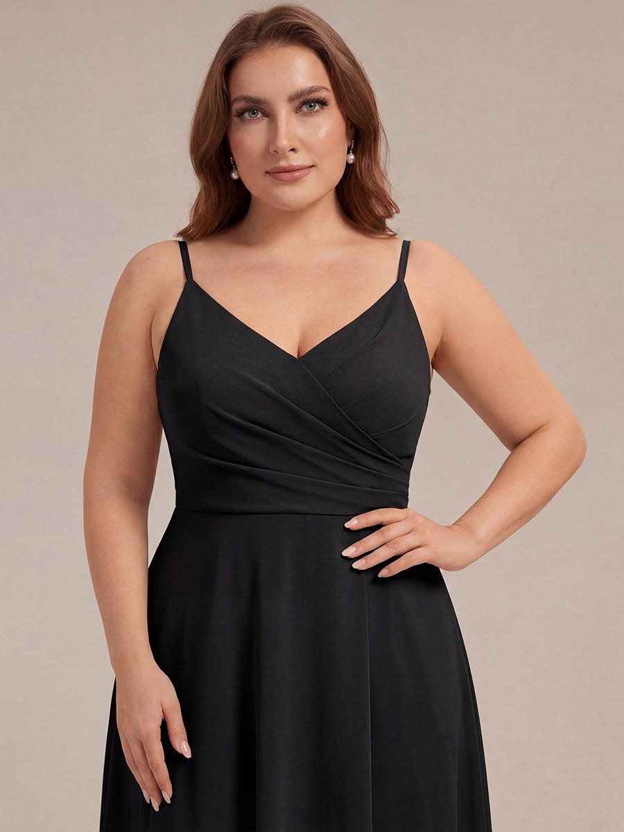 Pleated V-Neck Spaghetti Strap High Slit Bridesmaid Dress #color_Black