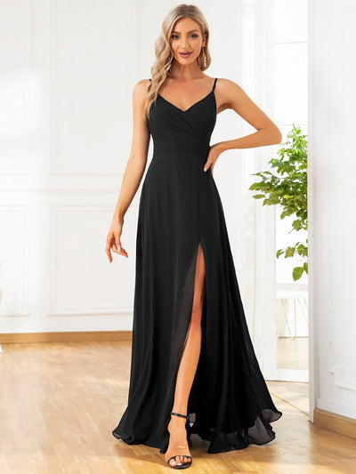 Pleated V-Neck Spaghetti Strap High Slit Bridesmaid Dress #color_Black