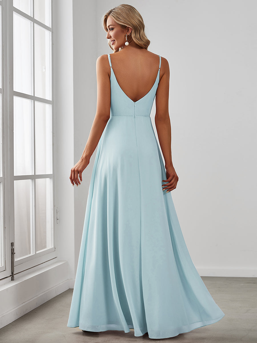 Pleated V-Neck Spaghetti Strap High Slit Bridesmaid Dress #color_Sky Blue