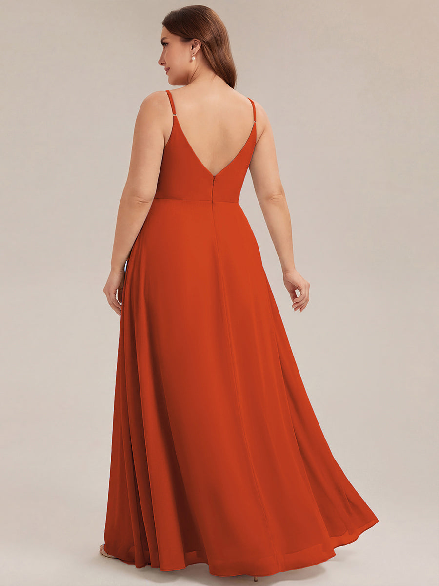 Pleated V-Neck Spaghetti Strap High Slit Bridesmaid Dress #color_Burnt Orange