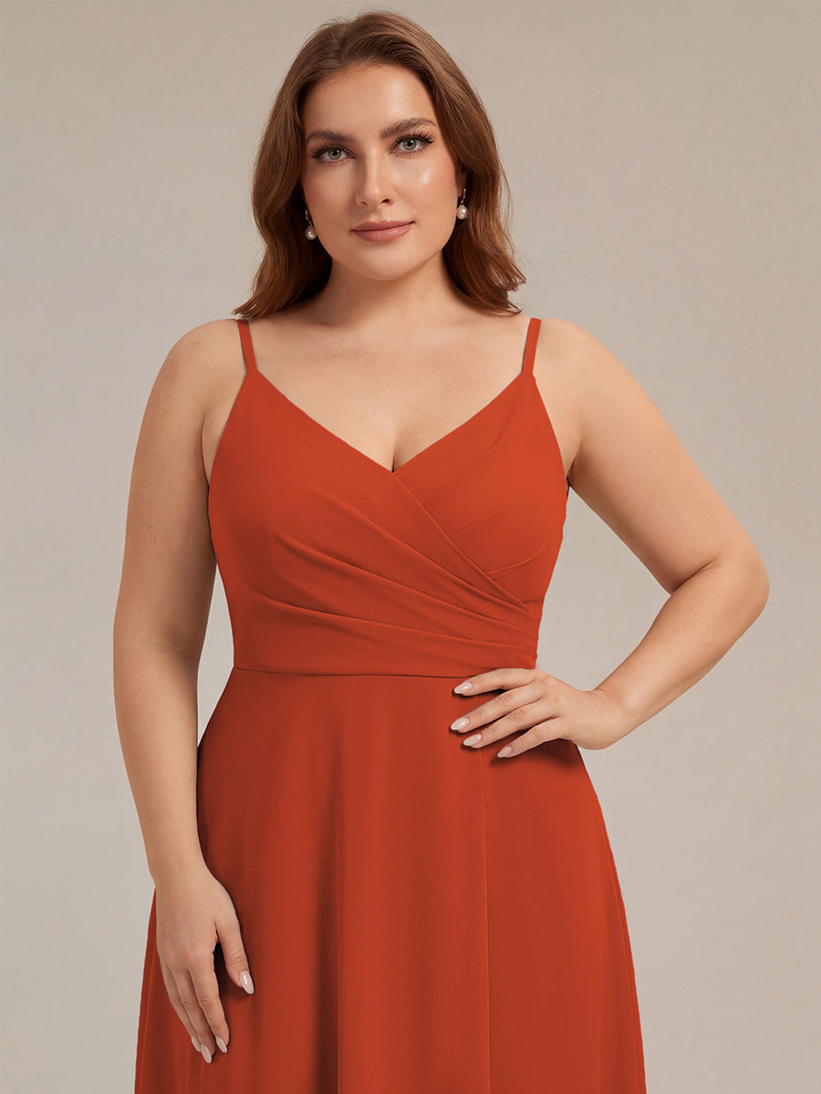 Pleated V-Neck Spaghetti Strap High Slit Bridesmaid Dress #color_Burnt Orange