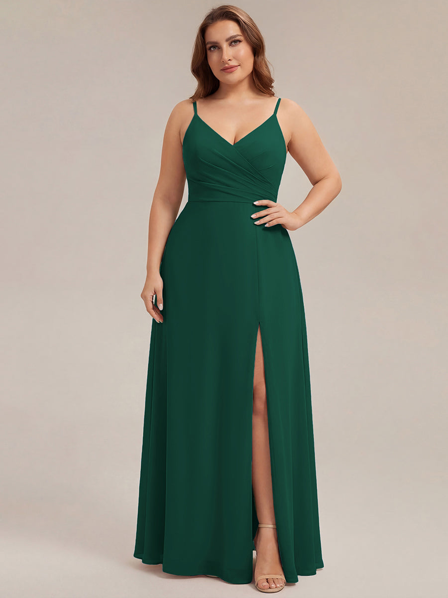 Pleated V-Neck Spaghetti Strap High Slit Bridesmaid Dress #color_Dark Green