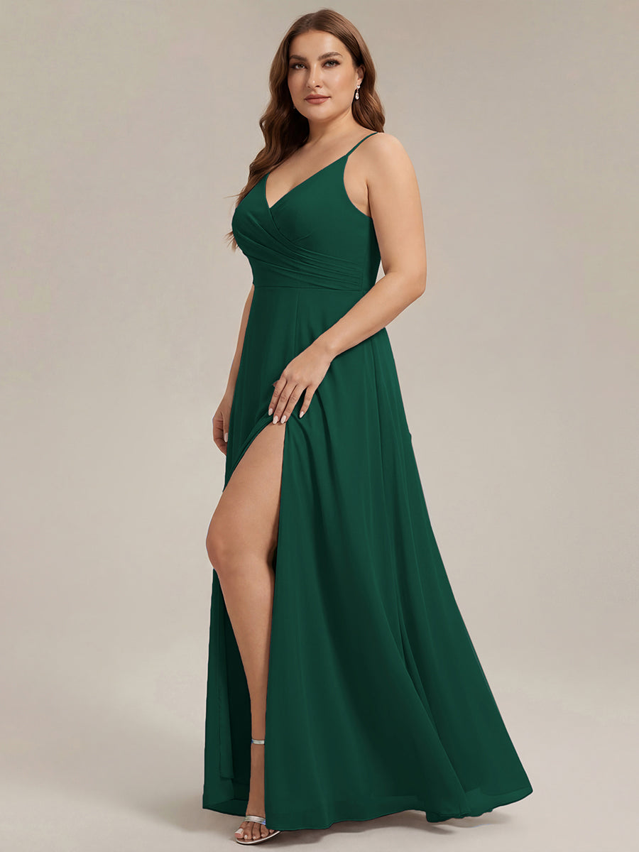 Pleated V-Neck Spaghetti Strap High Slit Bridesmaid Dress #color_Dark Green