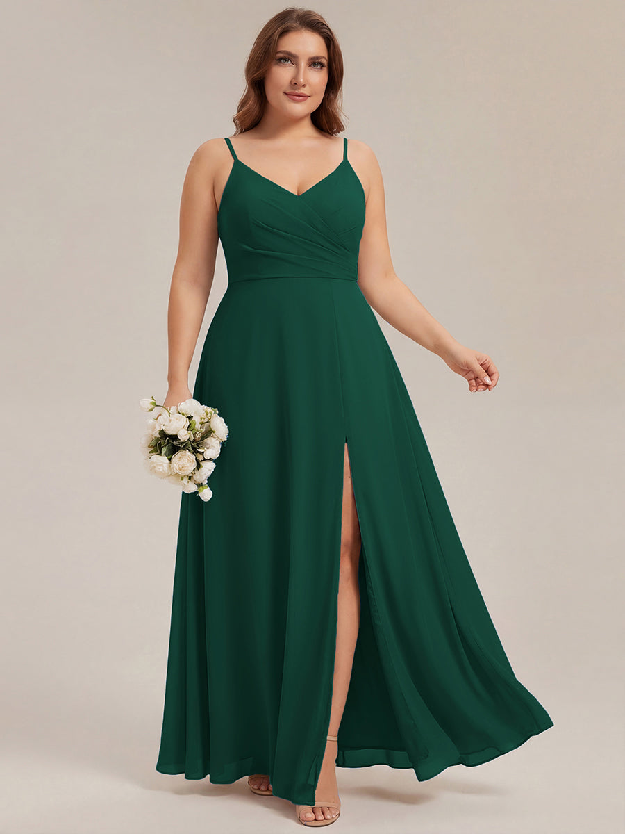 Pleated V-Neck Spaghetti Strap High Slit Bridesmaid Dress #color_Dark Green