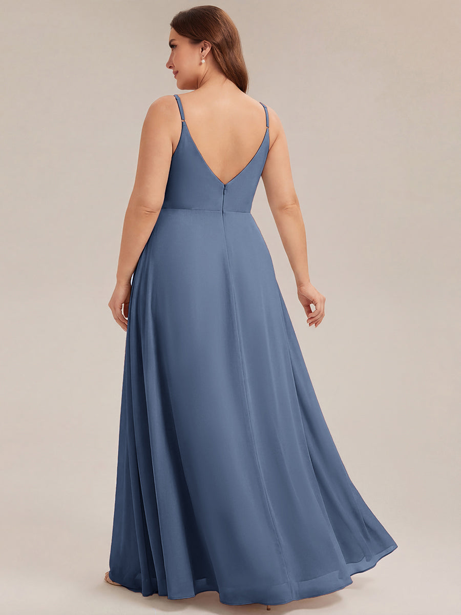 Pleated V-Neck Spaghetti Strap High Slit Bridesmaid Dress #color_Dusty Blue