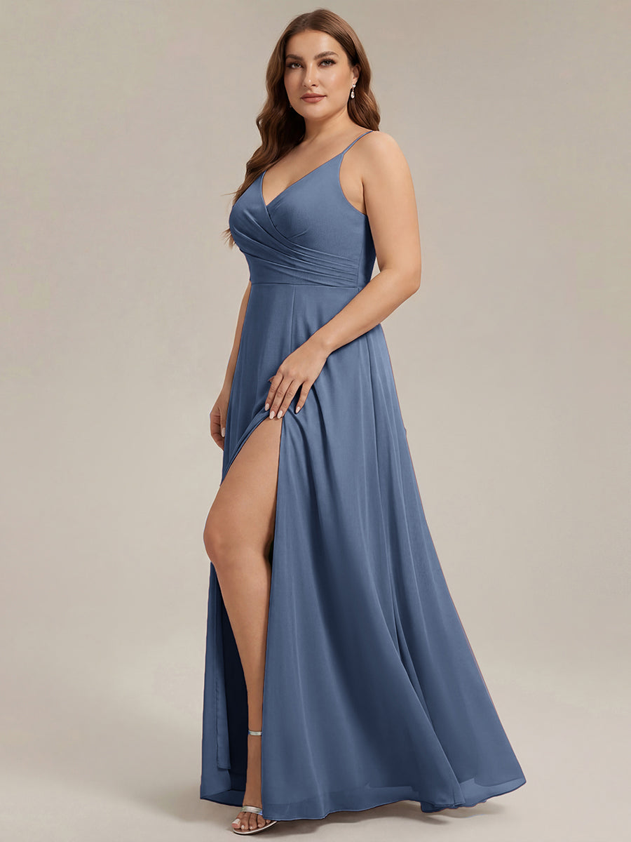Pleated V-Neck Spaghetti Strap High Slit Bridesmaid Dress #color_Dusty Blue