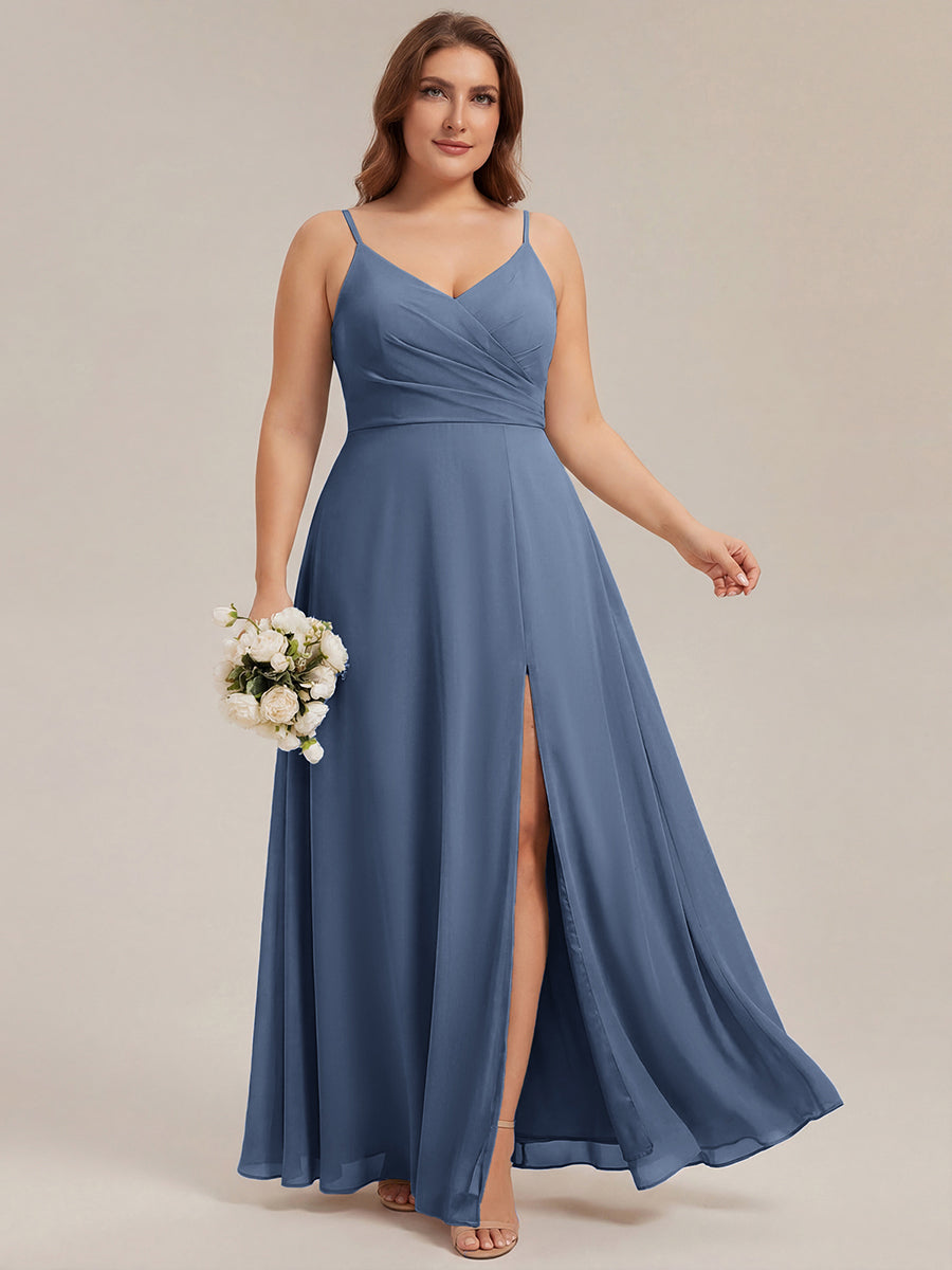 Pleated V-Neck Spaghetti Strap High Slit Bridesmaid Dress #color_Dusty Blue