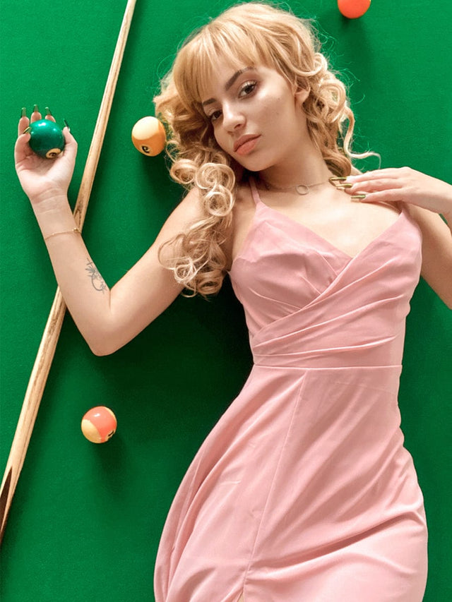 ever RENÉ |Pleated V-Neck Spaghetti Strap High Slit Bridesmaid Dress Fan Photos 3
