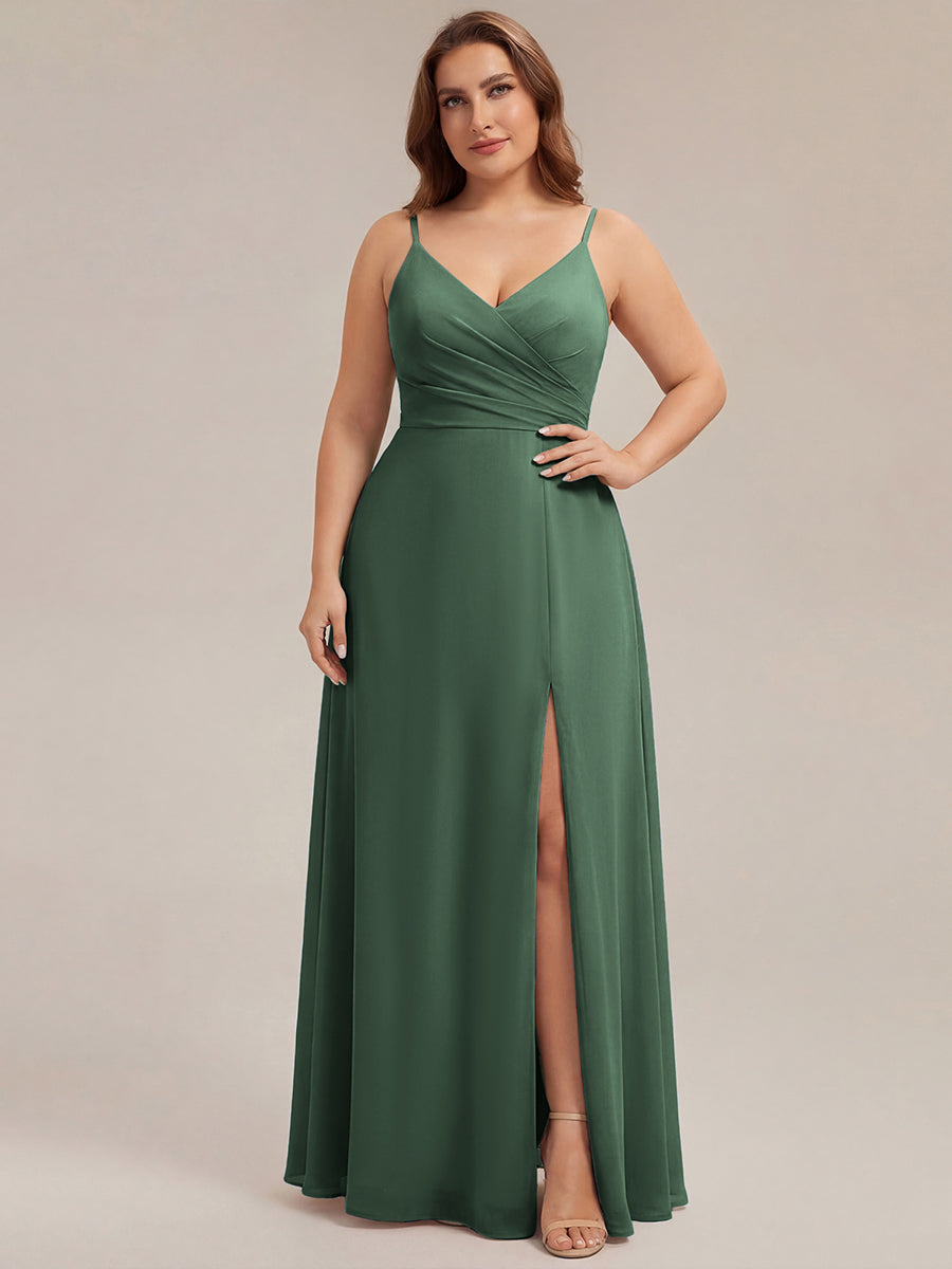 Pleated V-Neck Spaghetti Strap High Slit Bridesmaid Dress #color_Eucalyptus
