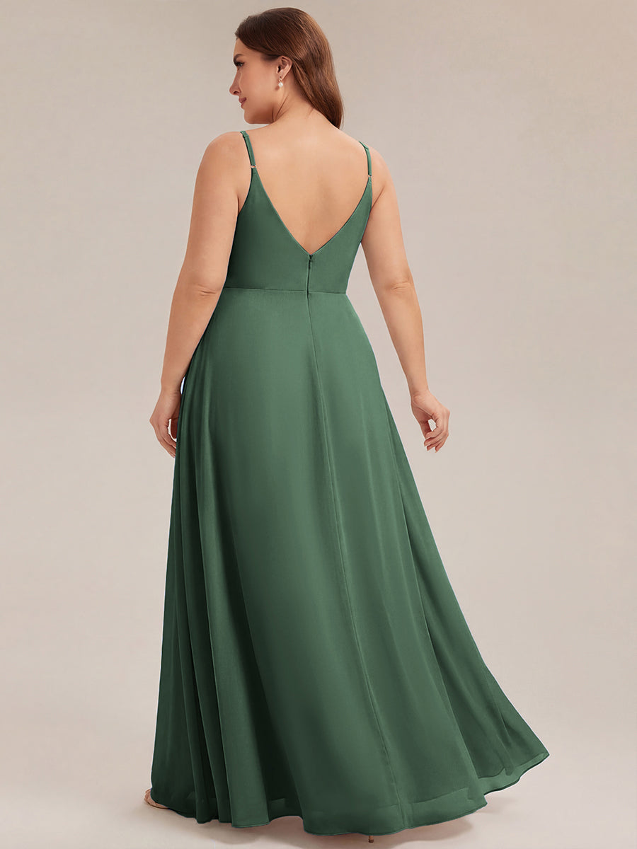 Pleated V-Neck Spaghetti Strap High Slit Bridesmaid Dress #color_Eucalyptus