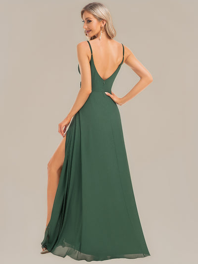 Pleated V-Neck Spaghetti Strap High Slit Bridesmaid Dress #color_Eucalyptus