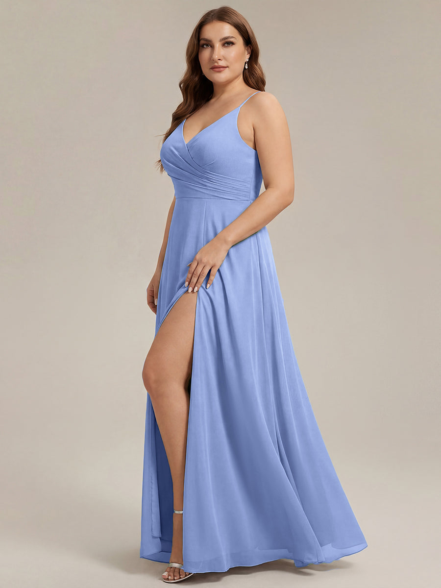 Pleated V-Neck Spaghetti Strap High Slit Bridesmaid Dress #color_CornflowerBlue