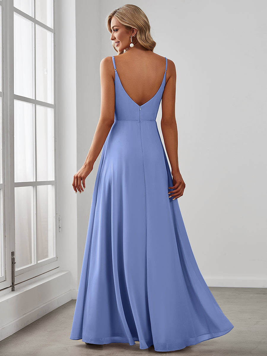Pleated V-Neck Spaghetti Strap High Slit Bridesmaid Dress #color_CornflowerBlue