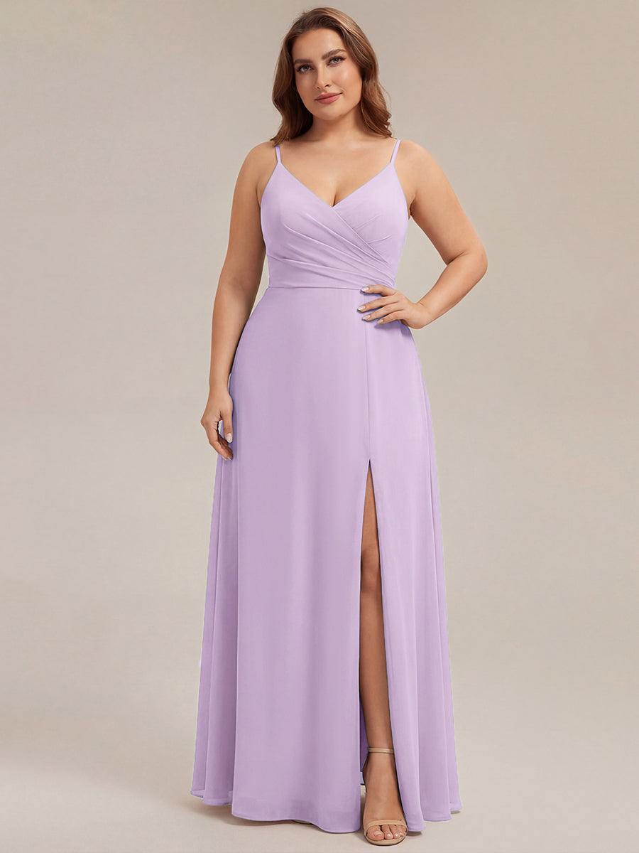 Pleated V-Neck Spaghetti Strap High Slit Bridesmaid Dress #color_Frosted Lilac