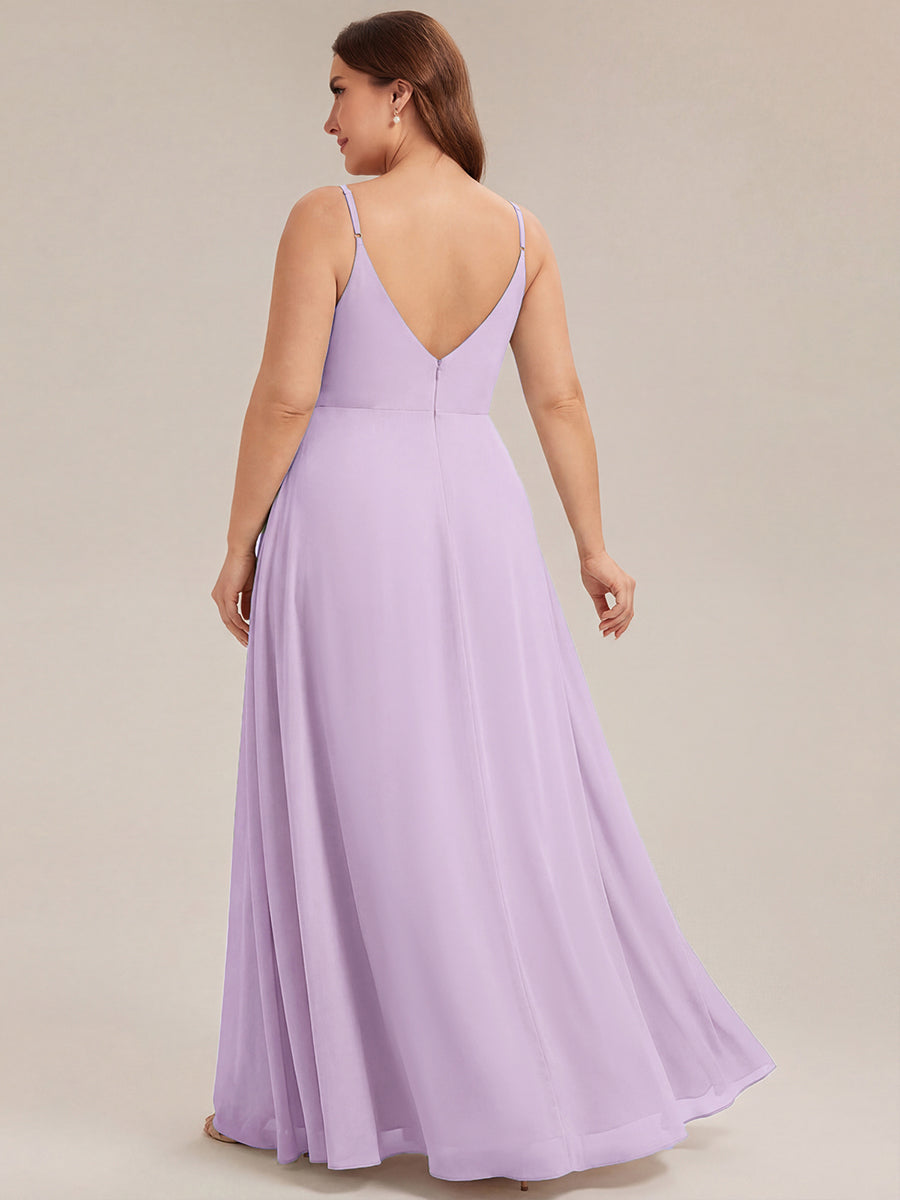 Pleated V-Neck Spaghetti Strap High Slit Bridesmaid Dress #color_Frosted Lilac