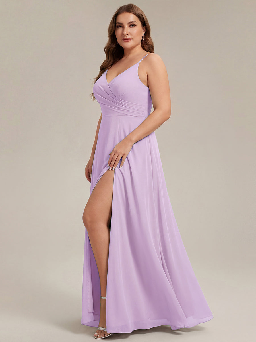 Pleated V-Neck Spaghetti Strap High Slit Bridesmaid Dress #color_Frosted Lilac