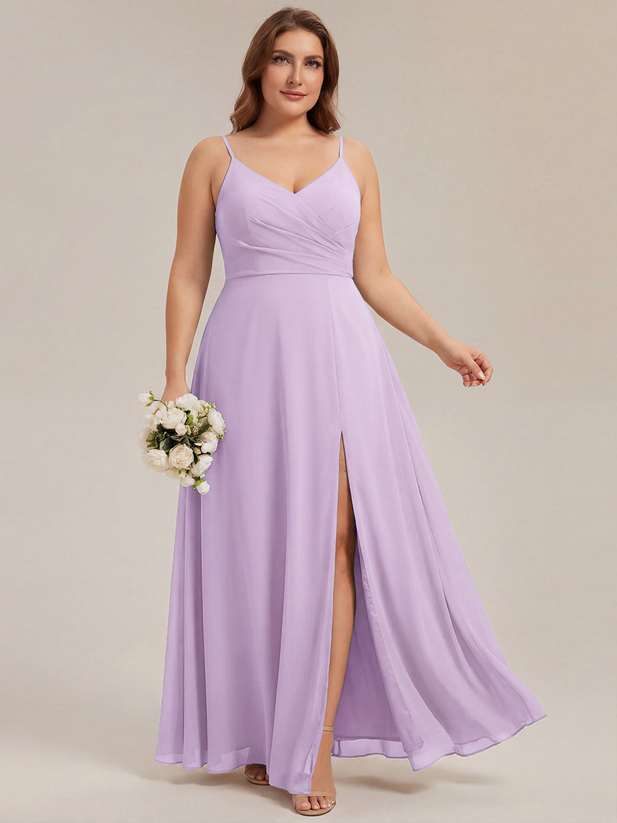 Pleated V-Neck Spaghetti Strap High Slit Bridesmaid Dress #color_Frosted Lilac