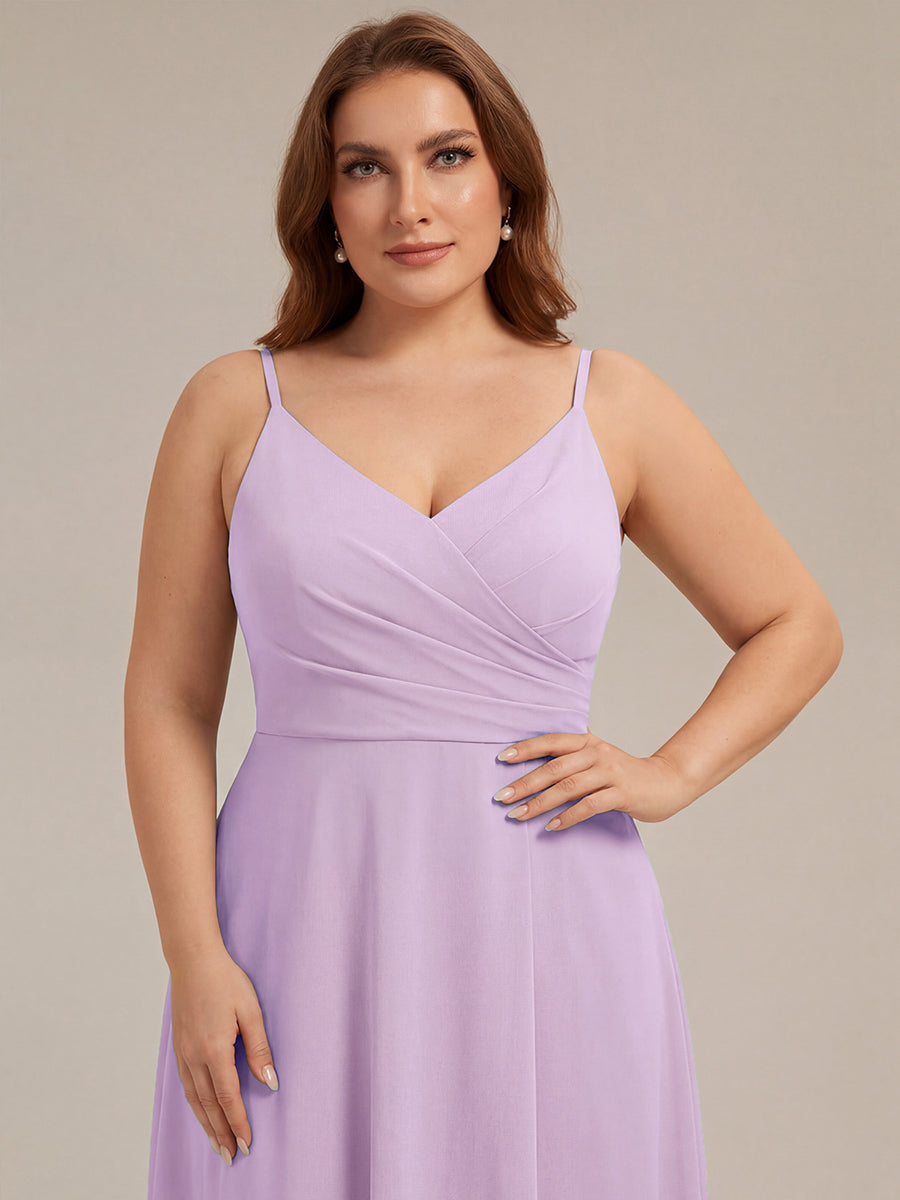 Pleated V-Neck Spaghetti Strap High Slit Bridesmaid Dress #color_Frosted Lilac