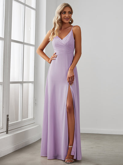 ever RENÉ|Pleated V-Neck Spaghetti Strap High Slit Bridesmaid Dress